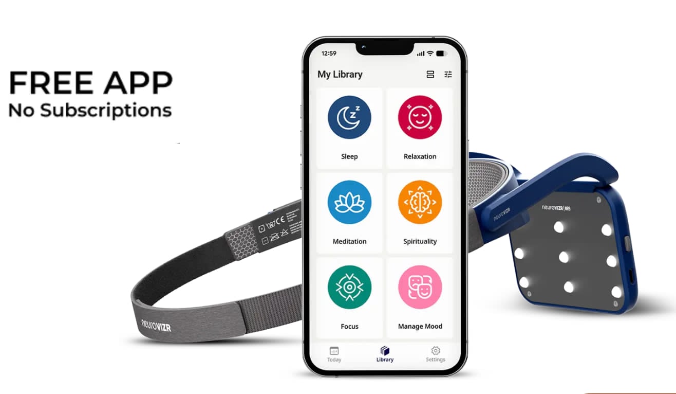 NeuroVizr light and sound therapy device with companion app showing free guided programs for sleep, relaxation, meditation, focus and mood